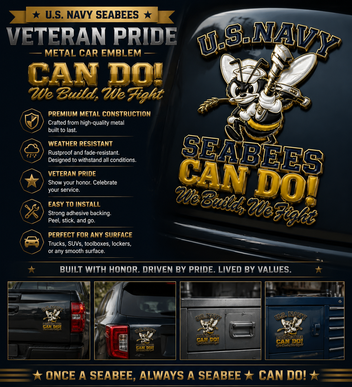 🐝 Last Day Promo: 49% OFF 🛠️U.S. Navy Seabees Veteran Pride CAN DO! Metal Car Emblem
