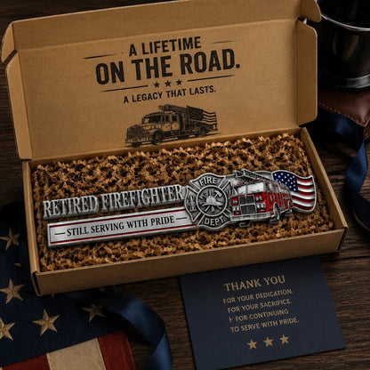 Premium "Retired Firefighter" 3D Metal Car Emblem | "Still Serving With Pride" Vehicle Badge with Flag & Fire Engine