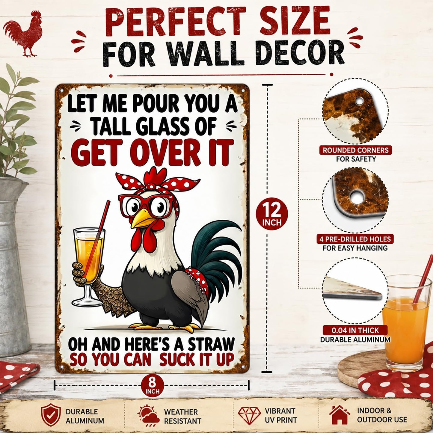The Sassy Rooster "Get Over It" Vintage Metal Sign