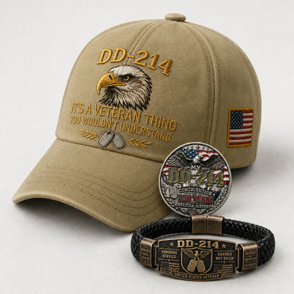 🔥Today Only: FREE Collector Coin🔥| DD-214 Veteran Honor 3-Piece Gift Set – Embroidered Cap, Coin & Bracelet
