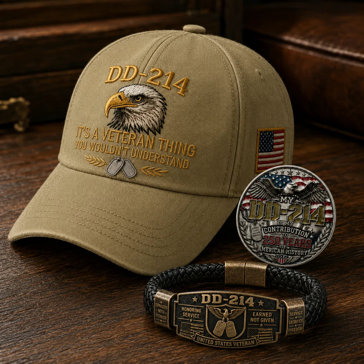 🔥Today Only: FREE Collector Coin🔥| DD-214 Veteran Honor 3-Piece Gift Set – Embroidered Cap, Coin & Bracelet